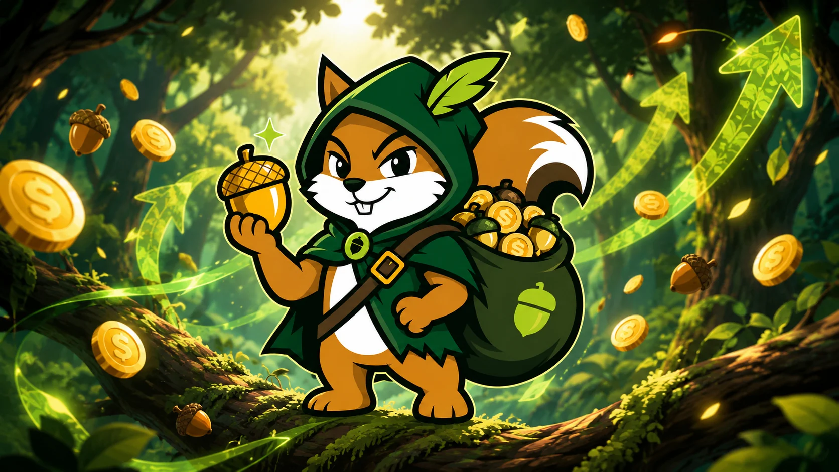 Pinto the Squirrel standing in a glowing forest with coins and acorns