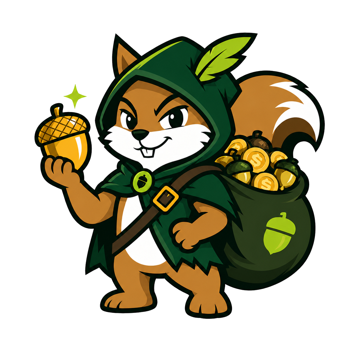Pinto the Squirrel holding a golden acorn and carrying a sack of coins